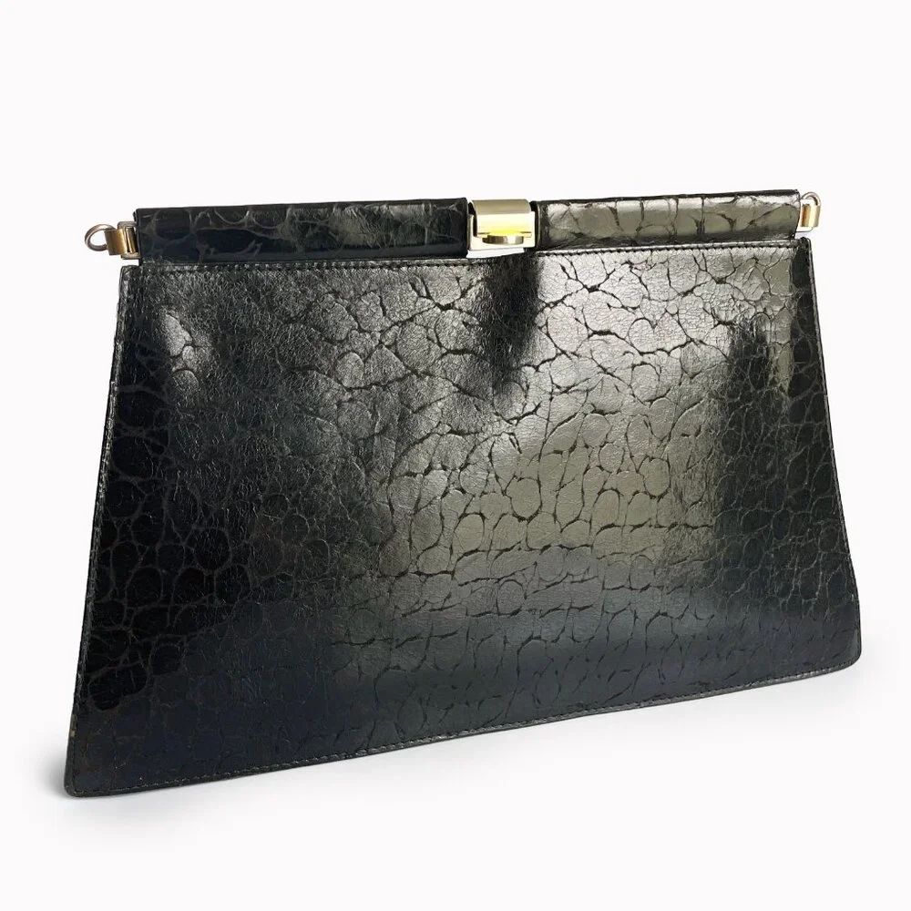Furla Clutch Bag Black Croc Embossed  Leather Hinged Vintage 70s